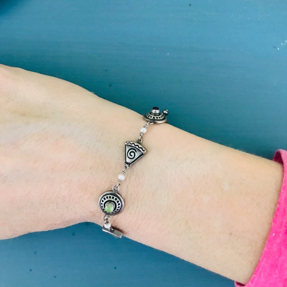 Artisan Silver Bracelet w/ Purlple & Green Stones